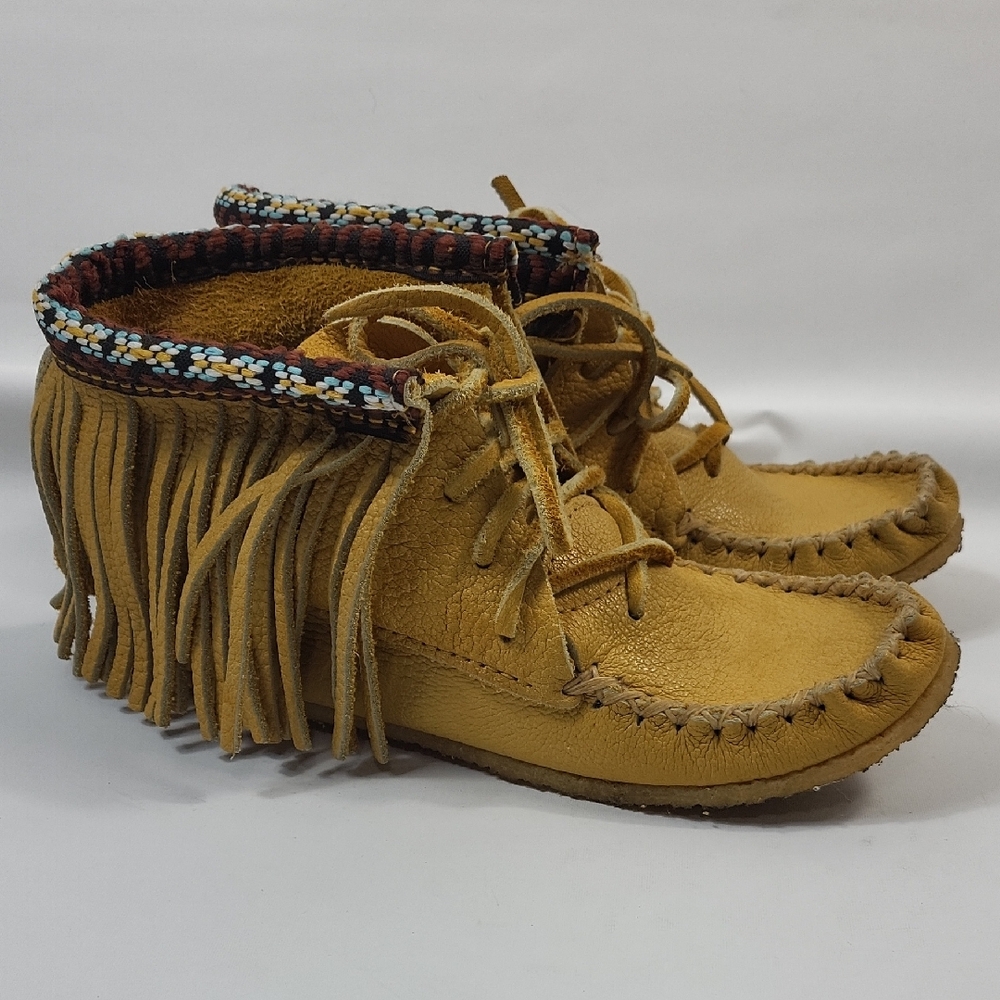 Fringed Tan Handmade Moccasin Boots, Women's Size 6